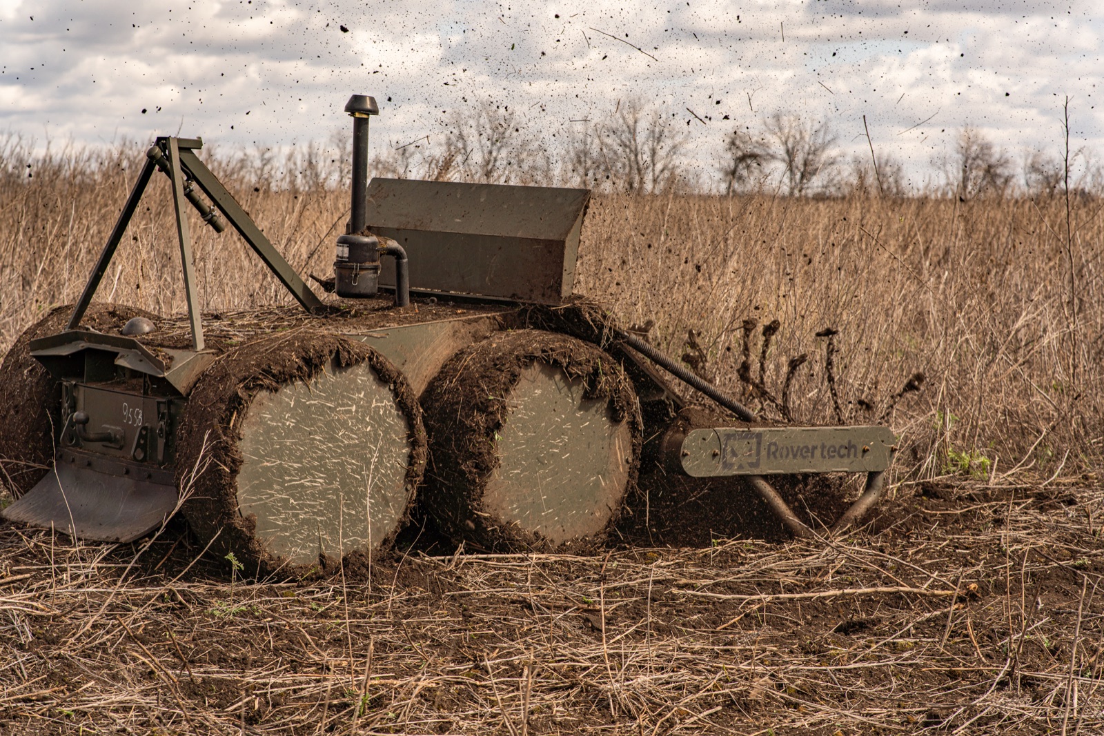 A mechanical demining machine working in a field